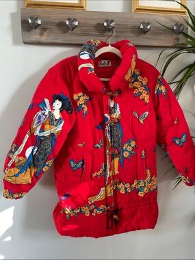 Red Floral & Geisha Print Puffer Jacket
